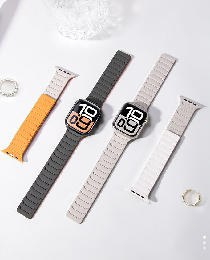 Sleek magnetic Apple Watch strap with segmented metallic finish

